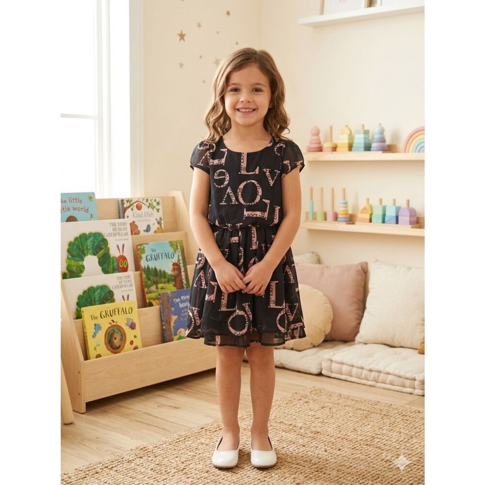 Take 50% OFF-Disorderly Kids Girls Black Dress with Pink Letter Print, Size-M(8)